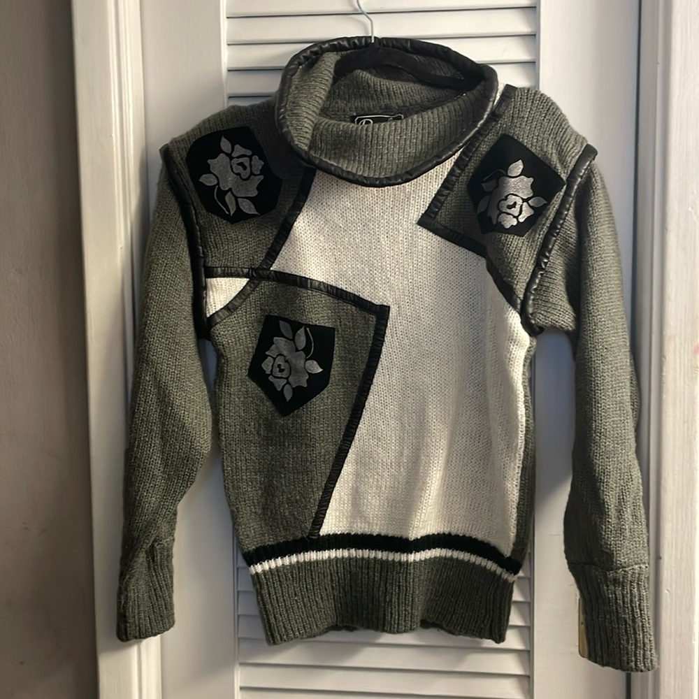 Unique Rochelle of California 80’s Mixed Media Sweater, Leather Trim, Size M